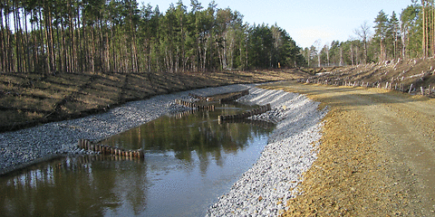 Wasser fließt durch einen Graben mit Boden aus vielen Steinen, rechts daneben Verläuft ein Sandweg. Links und rechts ist Wald.