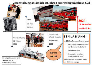 Bildrechte: Freiwillige Feuerwehr Forst (Lausitz) Die Geschichte des Feuerwehrgerätehauses seit 1993 wird auf dem Flyer mit mehreren Fotos dargestellt, ebenfalls ist ein Einladungstext auf dem Flyer.