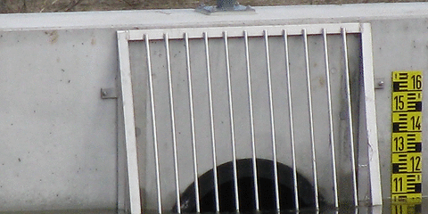 Der im Durchmesser 80 cm starke Durchlauf am Einlaufbauwerk ist über die Hälfte mit Wasser gefüllt