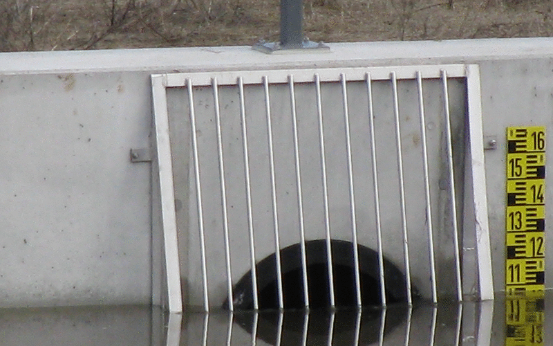 Der im Durchmesser 80 cm starke Durchlauf am Einlaufbauwerk ist über die Hälfte mit Wasser gefüllt