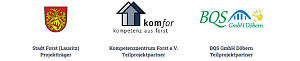 Logos der Projektpartner, Copyright: Stadt Forst (Lausitz | Kompetenzzentrum Forst e.V. | BQS GmbH Döbern Logos der Stadt Forst (Lausitz), des Kompetenzzentrums Forst e.V., der BQS GmbH Döbern
