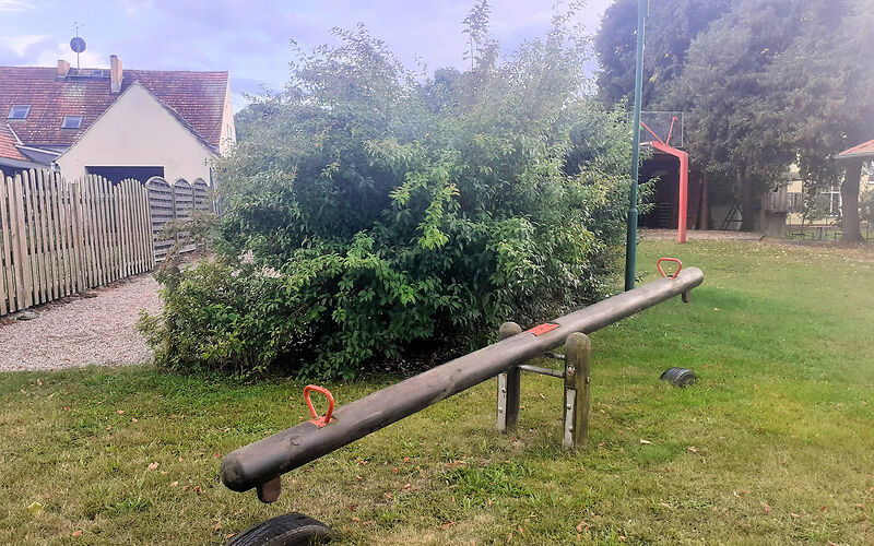 Eine Holzwippe mit roten Griffen auf einer Wiese. Unter den Enden der Wippe ist ein Reifen halb in der Erde vergraben um den Fall abzudämpfen. 
