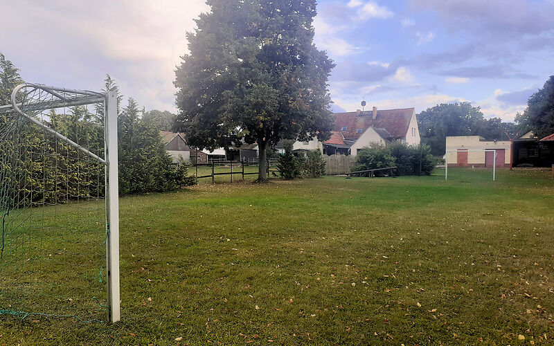 Zwei Fußballtore stehen auf einer Wiese.