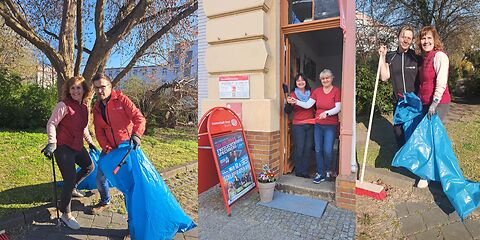 Collage aus 3 Bildern von Mitarbeiter/-innen des EBKTM (jeweils 2 Personen): Zwei Bilder mit Arbeitsgeräten und Müllsäcken in den Grünanlagen, ein Bild in der Tür der Touristinfo.
