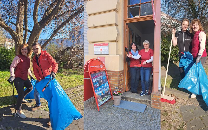 Collage aus 3 Bildern von Mitarbeiter/-innen des EBKTM (jeweils 2 Personen): Zwei Bilder mit Arbeitsgeräten und Müllsäcken in den Grünanlagen, ein Bild in der Tür der Touristinfo.