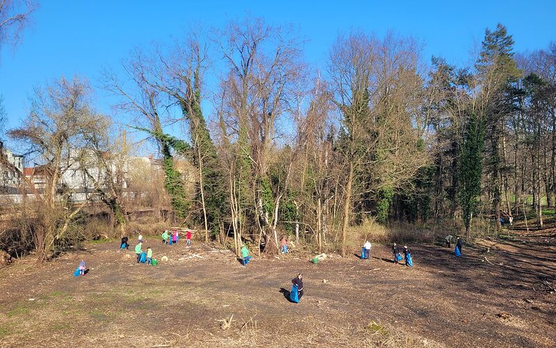Mehrere Erwachsene und Kinder Sammeln vor einer kleinen Wald mit blauen Müllsecken Müll ein. 