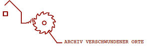 Logo des Archivs verschwundener Orte, Copyright: Stadt Forst (Lausitz) Logo des Archivs verschwundener Orte, sitisiertes Haus, davor Schaufelrad des Abbraumbaggers