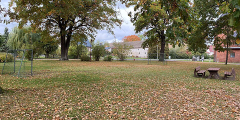 Auf der Wiese des Spielplatzes sind 2 Fußballtore gegenüber aufgestellt. Rechts stehen 2 Holzbänke und eine Holztisch. Auf der Wiese liegen überall Blätter. Im Hintergrund stehen mehrere Bäume und Sträucher.