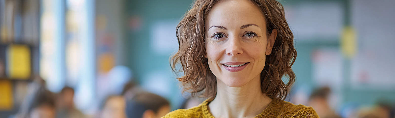 Bildrechte: Tyli Jura auf Pixabay Eine Frau mit offenen braunen Haaren und leichten Locken lächelt, hinter ihr ist verschwommen ein Klassenraum mit mehreren Schülern erkennbar.