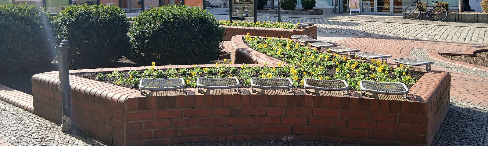 Beet mit gelben Blumen in einer niedrigen, roten Backsteinmauer auf gepflastertem Platz mit Bänken und Fahrrad im Hintergrund